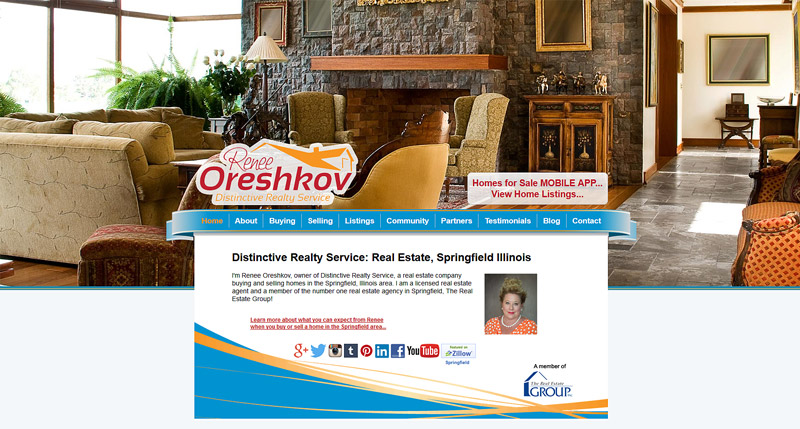 O3 provided local realtor Renee Oreshkov's website with a rich and interesting background image featuring an upscale home interior, rearranged homepage elements, made the site mobile responsive, copy-edited the content for web scanning and search engine optimization (SEO), and added SEO in key areas.